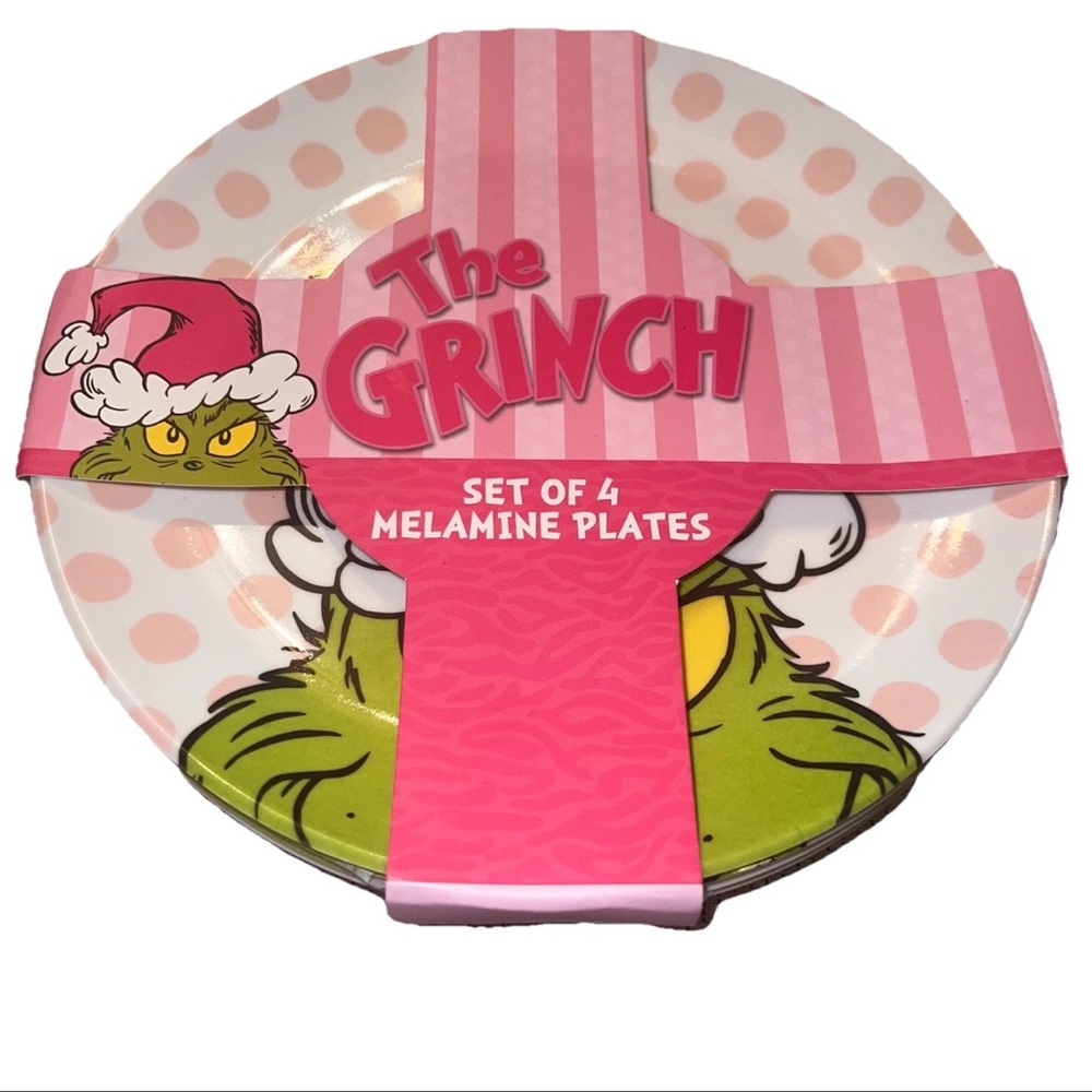 Dr. Seuss The Grinch Set of 4 Melamine Plates Pink Polka Dot Holiday Party - Picture 2 of 5